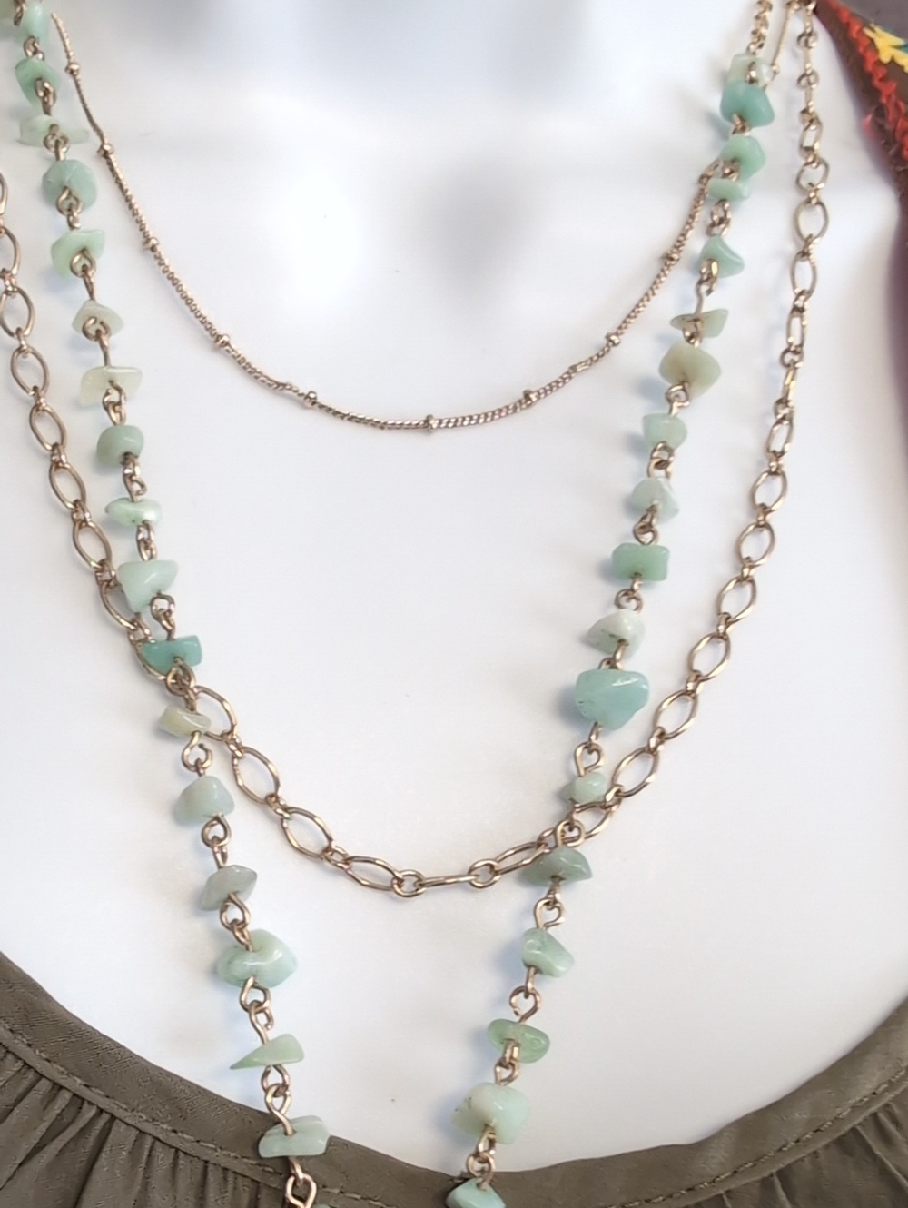 Avon Gold Layered Necklace with Pale Green Beads and Smoky Teardrop - Picture 5 of 7